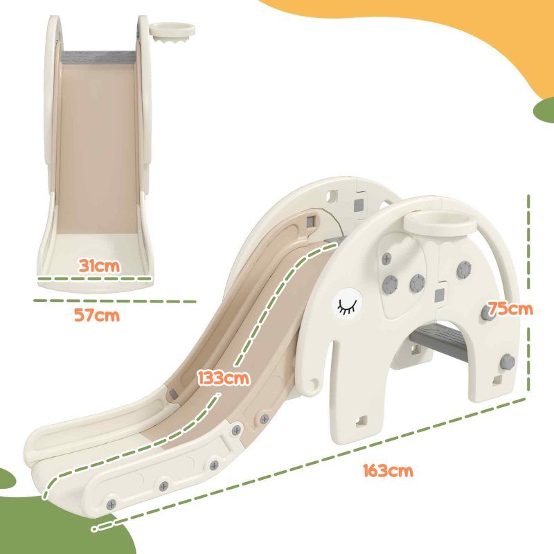 AIYAPLAY Kids Slide, 3 in 1 Toddler Slide with Basketball Hoop, Climber, Elephant-Themed Indoor Slide for 1-3 Years, Cream White