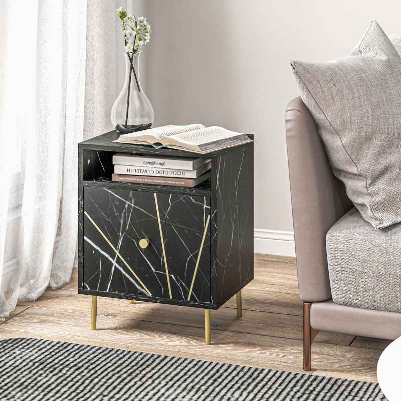 HOMCOM Marble Effect Bedside Table, Modern Side Table with Drawer, Open Shelf and Gold Tone Metal Legs for Bedroom, Living Room, Black
