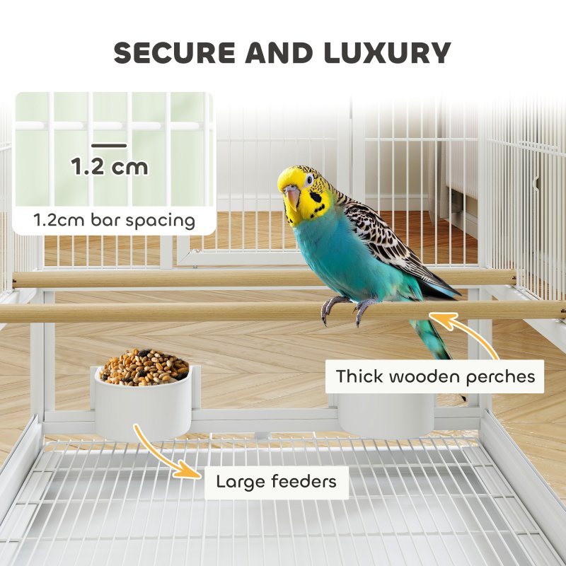 Pawhut Bird Cage, Metal Parrot Cage with Rolling Stand Wheels, Acrylic Viewing Panels, Storage Shelf, Slide-out Tray, Perches, Feeders, for Budgie, Parakeet, Canary, Finch, White, 48 x 46 x 83 cm