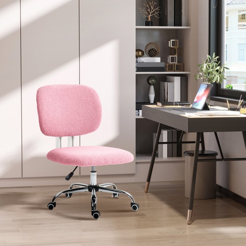 Vinsetto Cute Armless Office Chair, Teddy Fleece Fabric Computer Desk Chair, Vanity Task Chair with Adjustable Height, Swivel Wheels, Mid Back, Pink