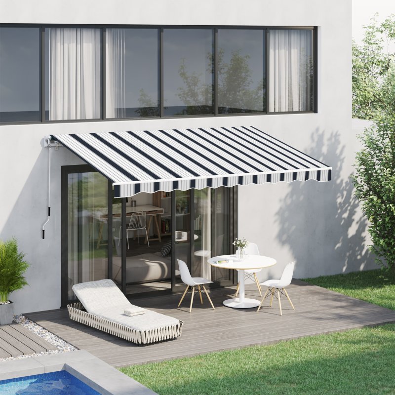 Outsunny 4 x 3(m) Garden Patio Manual Awning Canopy Aluminium Sun Shade Shelter Retractable for Backyard, Blue and White