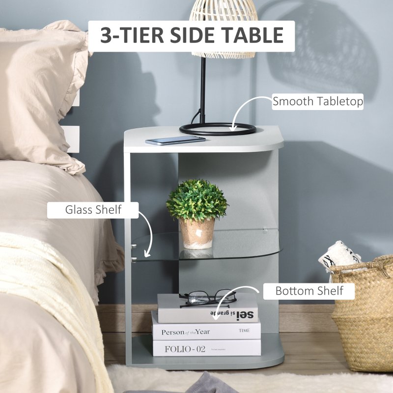 HOMCOM Modern Side Table Three Layer Bedside Table Nightstand with 2 Storage Shelves, for Living room, Bedroom