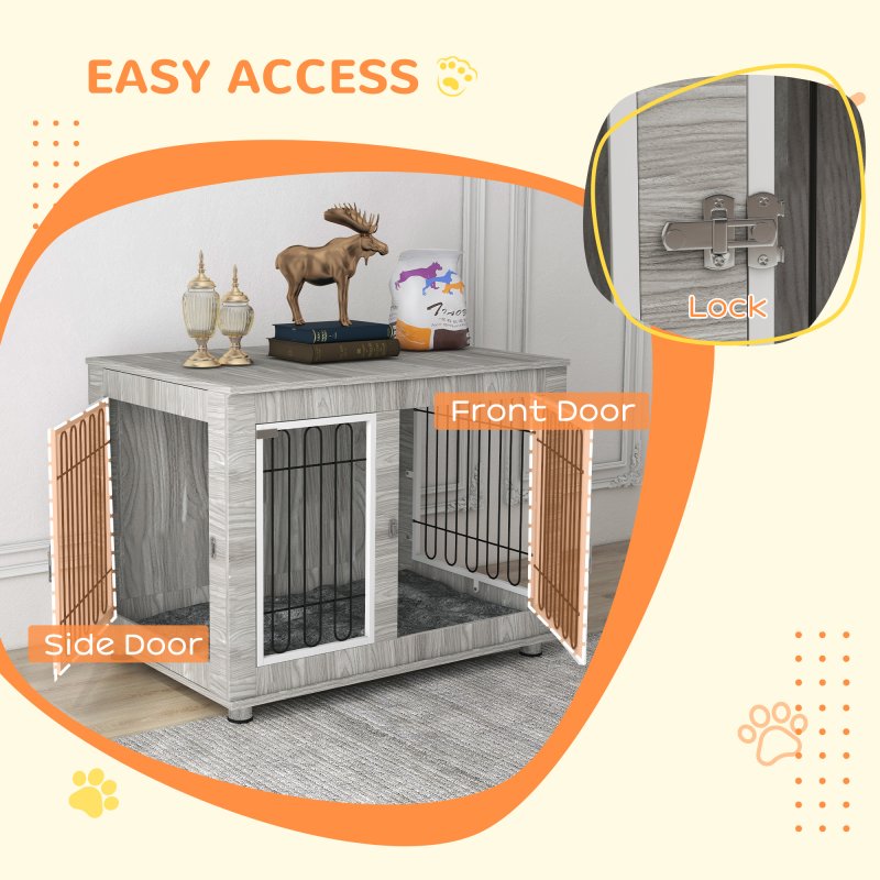 PawHut Dog Crate Furniture, Side End Table, Indoor Dog Kennel with Soft Washable Cushion, Wire Mesh, Large Top, for Large Dogs, 106 x 74 x 81.5, Grey