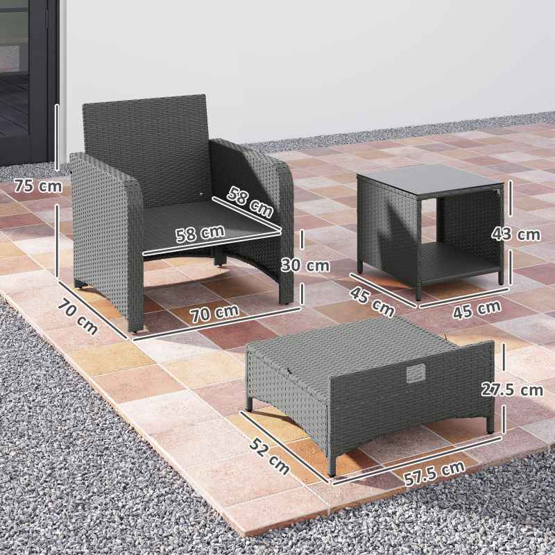 Outsunny 5 Piece Rattan Garden Furniture Set, Wicker Patio Conversation Set with 2 Chairs, 2-Tier Coffee Table, 2 Ottomans and Thick Cushions for Outdoor, Balcony, Bistro, Porch, Grey