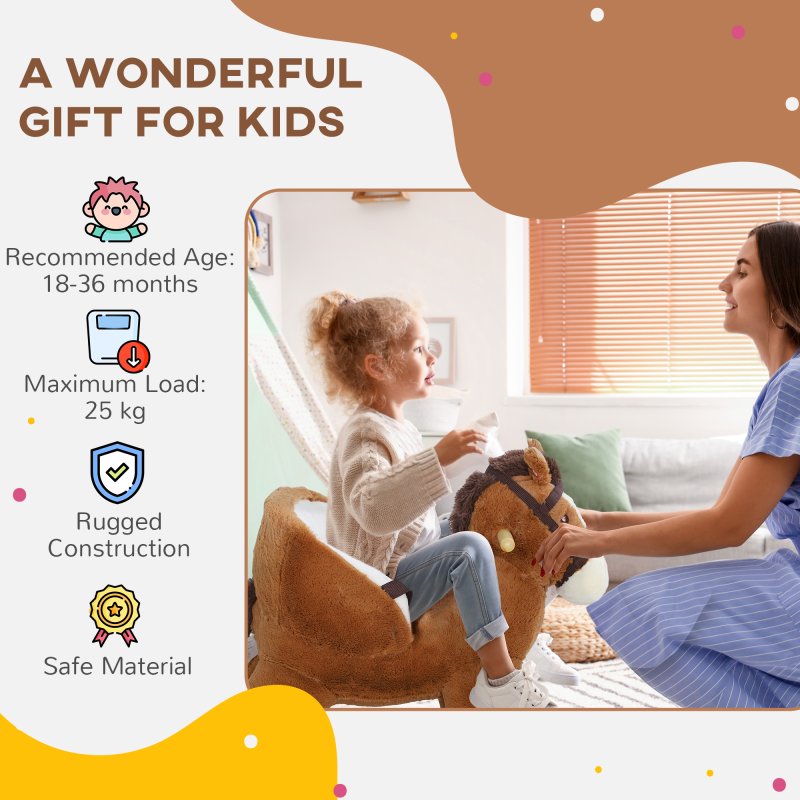 AIYAPLAY Kids Rocking Horse, Plush Ride on Horse, with Sound, Wood Base, Seat Safety Belt, for Ages 18-36 Months, Brown
