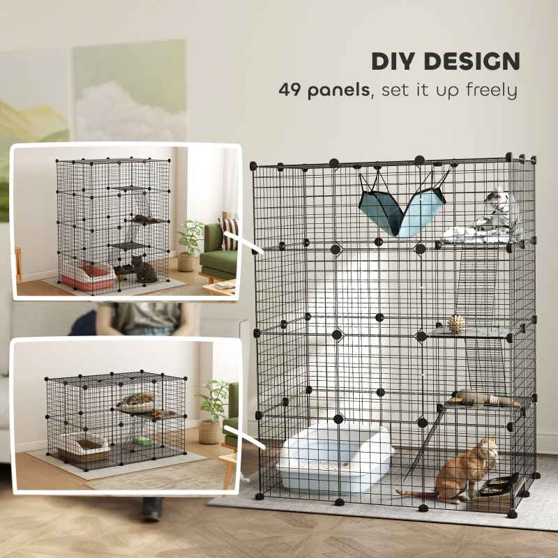 PawHut Cat Cage Indoor, DIY 4 Tier Wire Cat Enclosure with Hammock, Ramps, Doors, Jumping Platforms, Detachable Catio Indoor for 1-3 Cats, 105 x 70 x 140 cm, Black