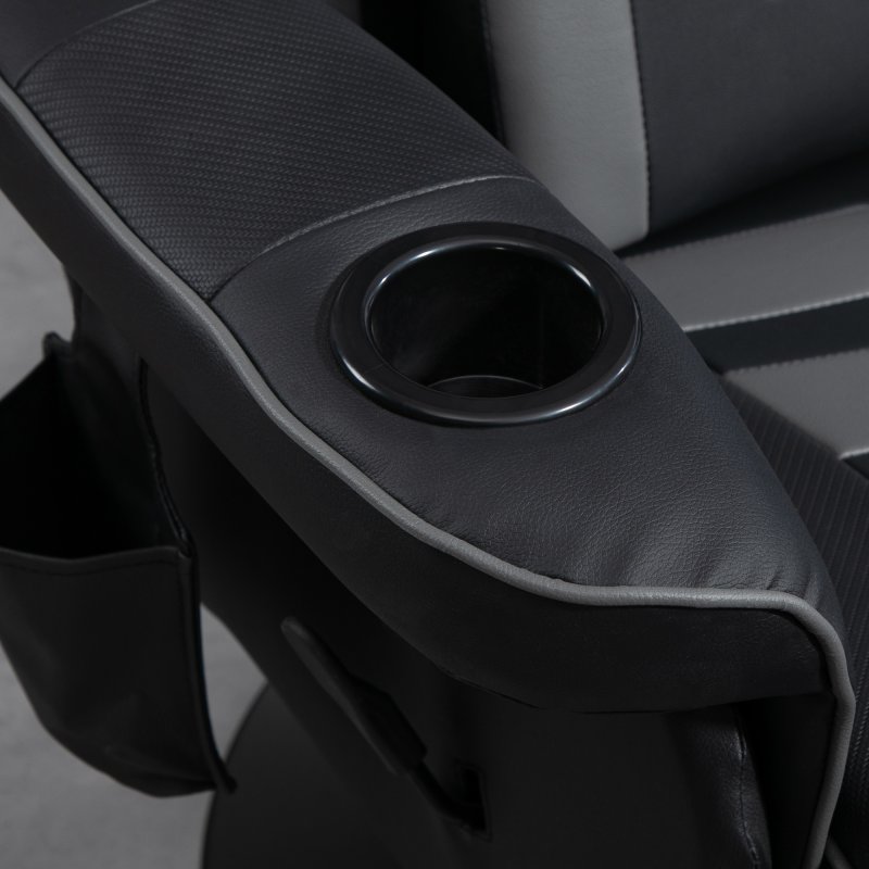 HOMCOM Massage Recliner Chair with Remote, PU Leather Recliner Armchair with Cup Holders and Side Pockets, Racing Style Reclining Chair with Headrest, 360° Swivel, Lumbar Support, Grey