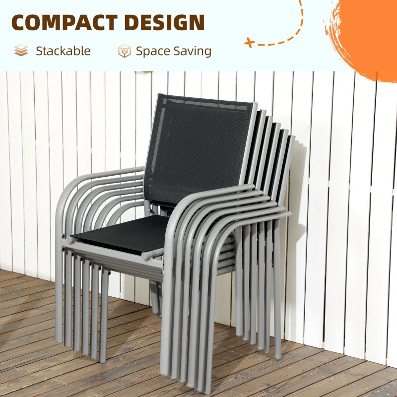Outsunny 7 Piece Garden Dining Set, Outdoor Table and 6 Stackable Chairs, Steel Frame, Tempered Glass Top Table, Mesh Seats, Black