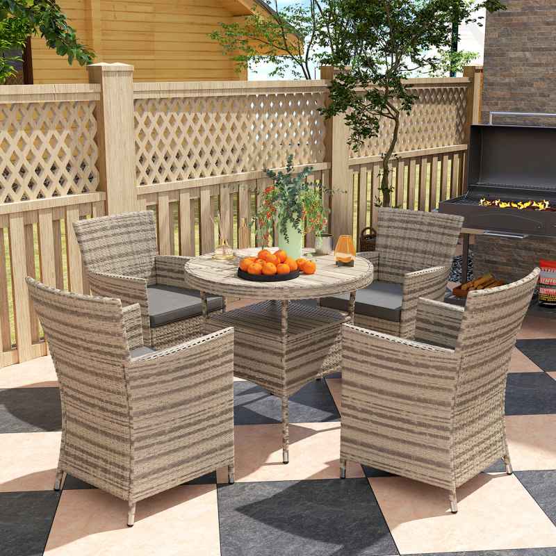 Outsunny 4 Seater Garden Dining Set with Cushions, Double Layer Table with Wood-like Slat Top, PE Rattan Garden Furniture Set, Outdoor Dining Table and Chairs for Patio, Balcony, Grey