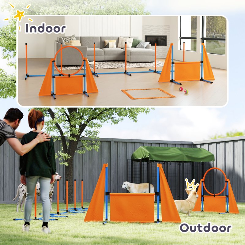PawHut 6-Piece Dog Agility Equipment, Pet Agility Training Set with Weave Poles, Jump Ring, Hurdle, Pause Box, Obstacle Training Course Kit with Bag, Orange