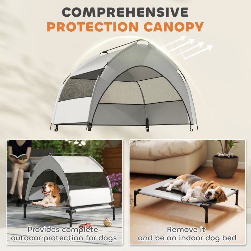 PawHut Elevated Dog Bed with Removable Canopy, Portable Cooling Raised Pet Cot with Breathable Mesh, Storage Bag, for Indoor Outdoor Use, for Small Medium Dogs, 76 x 61 x 60 cm, Light Grey