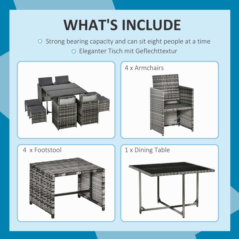 Outsunny 8 Seater Rattan Cube Garden Furniture Set, Rattan Dining Set with Cushions, Outdoor Dining Table and Chairs with 4 Armchairs, 4 Stools, Square Glass Top Table, Mixed Grey