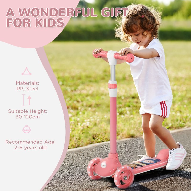 AIYAPLAY Kids Scooter, 3 Wheel Scooter for Toddlers Ages 2-6, with 3-level Adjustable Height, LED Light, TPE Handlebar, Kick Scooter for Boys and Girls, Pink