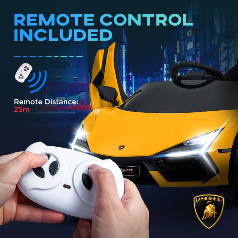 AIYAPLAY Lamborghini Revuelto Licensed Electric Car for Kids with Butterfly Doors, 12V Kids Electric Ride On with Suspension, Remote Control, LED Lights, Horn, USB, MP3 for 3-5 Years, Yellow