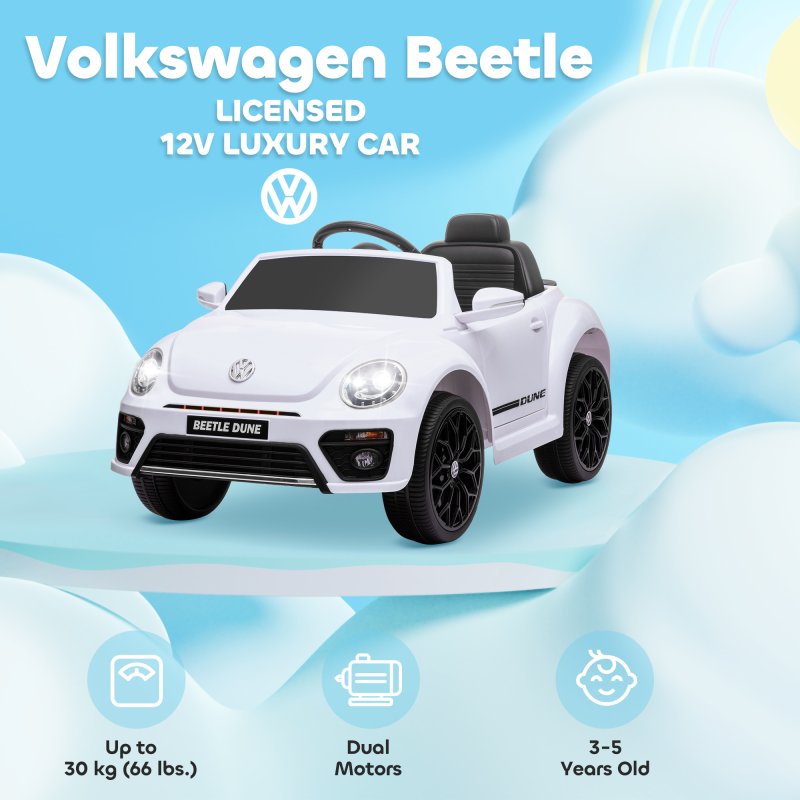 AIYAPLAY Volkswagen Beetle Licensed Ride on Car, 12V Kids Electric Car with Remote Control, 4 Spring Suspension Wheels, Soft Start, Headlights, FM Radio, Music, Horn, White