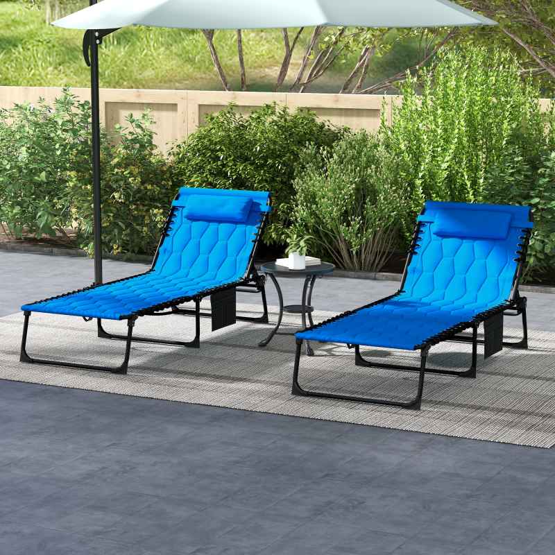 Outsunny 2 Piece Foldable Sun Lounger Set with 5-level Reclining Back, Outdoor Tanning Chairs Sun Loungers with Build-in Padded Seat, Side Pocket, Headrest for Beach, Patio, Blue