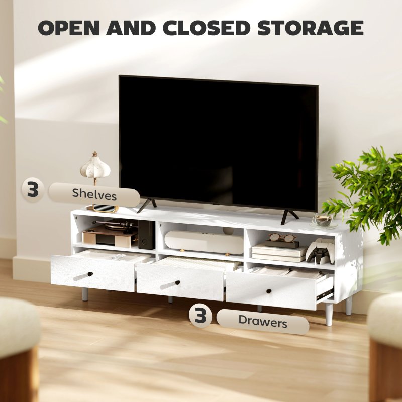 HOMCOM 140cm TV Stand Cabinet, Modern TV Unit Console Table for up to 75", with 3 Drawers, 3 Open Storage Shelves, Cable Management, Media Entertainment Centre for Living Room, Bedroom, White