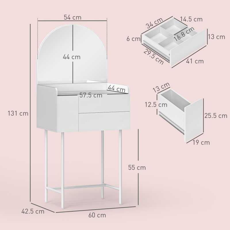 HOMCOM Dressing Table with Arched Mirror, Modern Makeup Desk with 3 Drawers, Small Vanity Table for Bedroom, Small Spaces, 60 x 42.5 x 131 cm, White