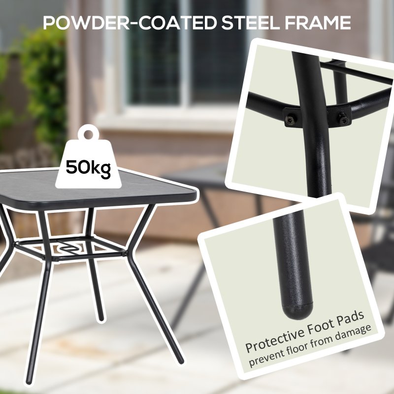 Outsunny 80x80cm Outdoor Dining Table, Faux-marbled Garden Table with Umbrella Hole, Square Patio Table with Steel Frame for Porch, Balcony, Black