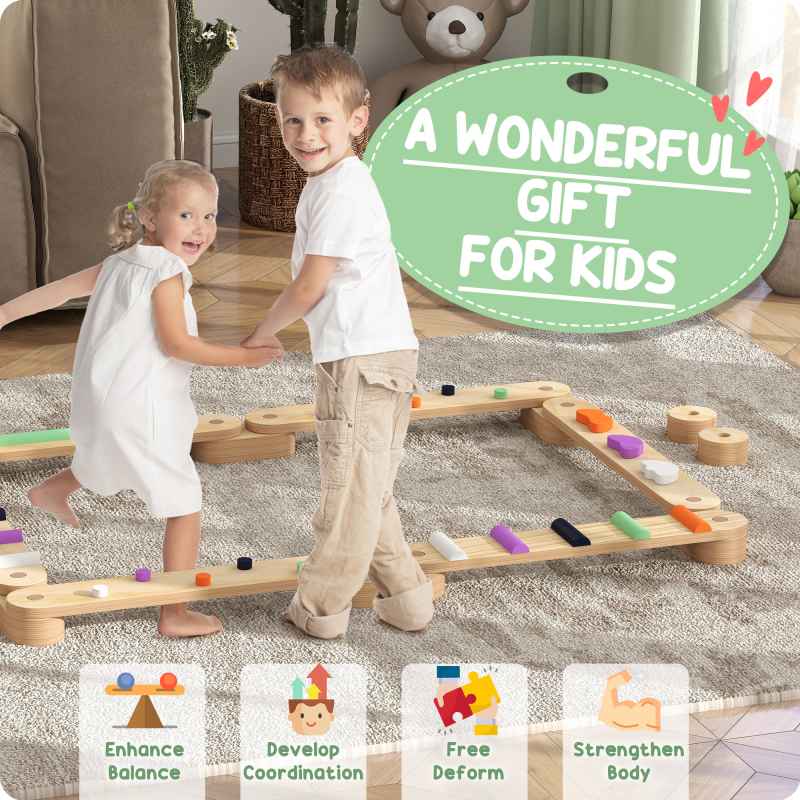 AIYAPLAY Wooden Balance Beam Board for Kids, Indoor Outdoor Play Equipment Build Coordination Agility and Strength, Toddler Obstacle Course for 3-8 Years