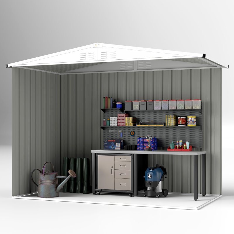 Outsunny 8 x 4 ft Metal Garden Shed, Garden Storage Shed with Window, 4 Vents and Lockable Door, Waterproof Galvanised Steel Tool Storage Shed, Light Grey