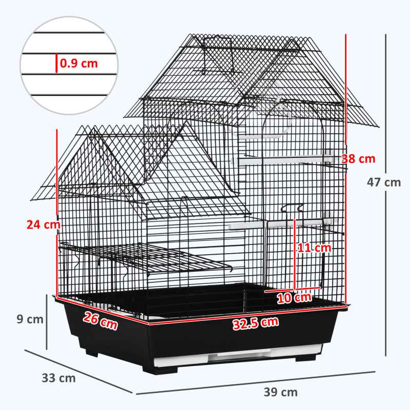 PawHut Metal Bird Cage for Finch, Canary w/ Food Containers, Swing Ring, Tray, Handle, 39 x 33 x 47cm