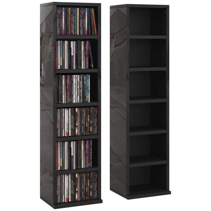 HOMCOM 204 CD Media Display Shelf Unit Set of 2 Blu-Ray Tower Rack w/ Adjustable Shelves Bookcase Storage Organiser, High Gloss Black