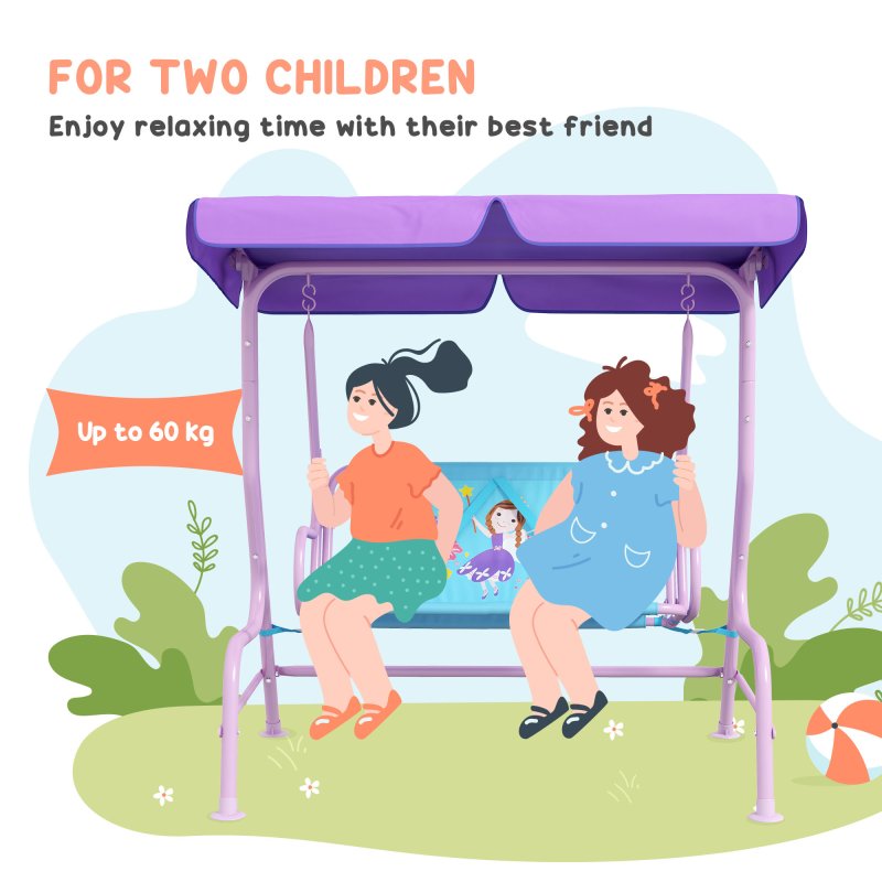 Outsunny 2 Seat Kids Swing Chair with Adjustable Canopy, Fairy Themed Double Kids Garden Swing Bench with Safety Belts for Patio Park Porch, for Ages 3-6 Years - Blue