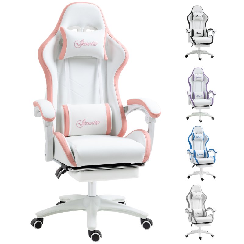 Vinsetto Computer Gaming Chair, PU Leather Office Desk Chair with Footrest, Swivel Wheels, 135?? Reclining Back, Lumbar Support, Headrest for Home, White and Pink