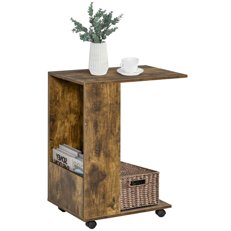 HOMCOM Mobile Sofa Side Table C-Shape End Table with Storage and Casters for Laptop Coffee Snack