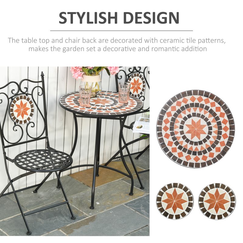Outsunny 3 Pieces Garden Furniture Set, Bistro Set with 1 Ceramic Tile Round Table and 2 Foldable Chairs for Outdoor, Indoor, Patio, Balcony, Black