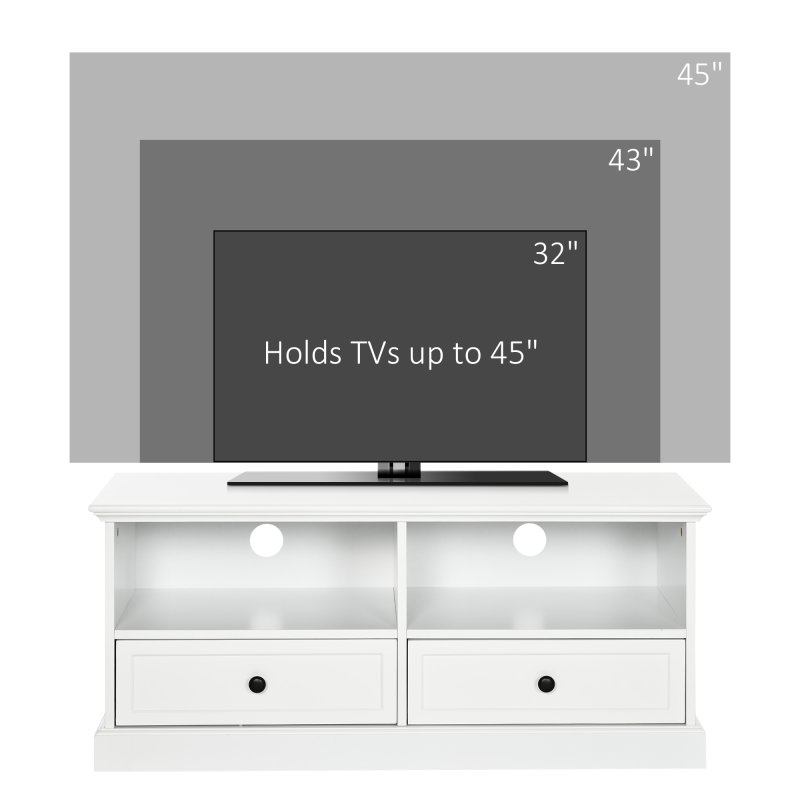 HOMCOM Modern TV Unit Cabinet for TVs up to 45 Inches, TV Stand with Drawers, Open Shelves, Cable Holes for Living Room, White
