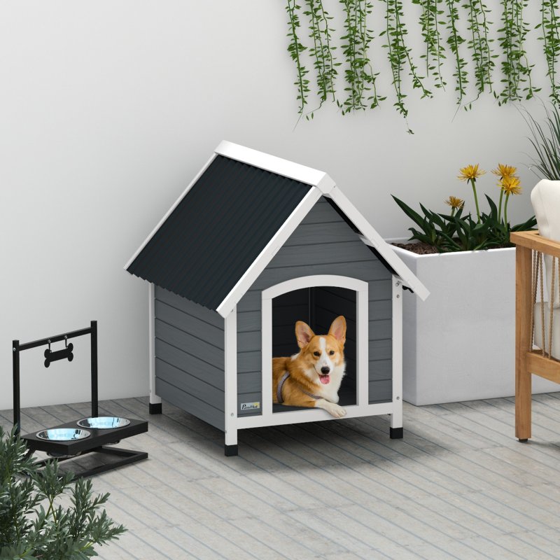 PawHut Wooden Dog House Outdoor, Dog Kennel with Removable Floor, Elevated Pet Shelter, Anti-Corrosion Wood, for Small Medium Dogs, 82H x 75W x 88Dcm - Grey