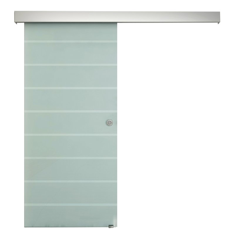 HOMCOM 90cm Sliding Glass Door with Hardware Track Kit, Frosted Tempered Glass with Stripe Pattern, Round Handle