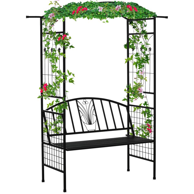 Outsunny Metal Garden Bench with Arch Arbour, Outdoor Patio Loveseat Bench Seat with Rose Trellis Pergola Climbing Plant Archway Tubular - 154L x 60W x 205Hcm