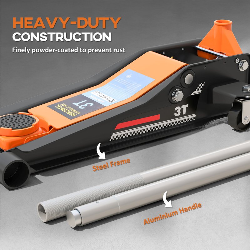 HOMCOM 3 Ton Hydraulic Low Profile Floor Jack, Heavy Duty Car Trolley Jack Lift with 7.5-50.5 cm Lifting Range, Dual Piston Pump, Wheels, Non-slip Handle for Car Van Garage Tyre Repair Change, Orange