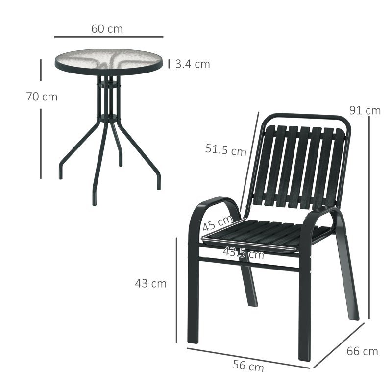 Outsunny 3 Pieces Patio Bistro Set, Garden Furniture Set with Stackable Chairs, Tempered Glass Table, Rust Resistant for Outdoor, Balcony, Patio, Garden, Charcoal Grey