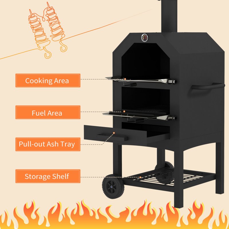 Outsunny 2-in-1 Outdoor Pizza Oven 3-Tier Freestanding Charcoal BBQ Grill with Rain Cover, Chimney, Thermometer, Bottom Shelf, Anti-scald Handles, Wheels for Garden Party Gathering