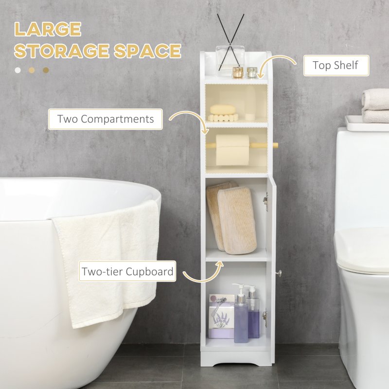 kleankin Slim Bathroom Storage Cabinet with 2 Open Shelves and Toilet Paper Roll Holder, Freestanding Bathroom Storage Unit with Adjustable Shelf, 23 x 18 x 100 cm, White