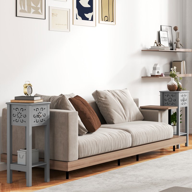 HOMCOM Side Table Set of 2, Bedside Table Set with Drawer and Storage Shelf, End Table Set with Elegant Flower-Shaped Design for Living Room Bedroom, Grey