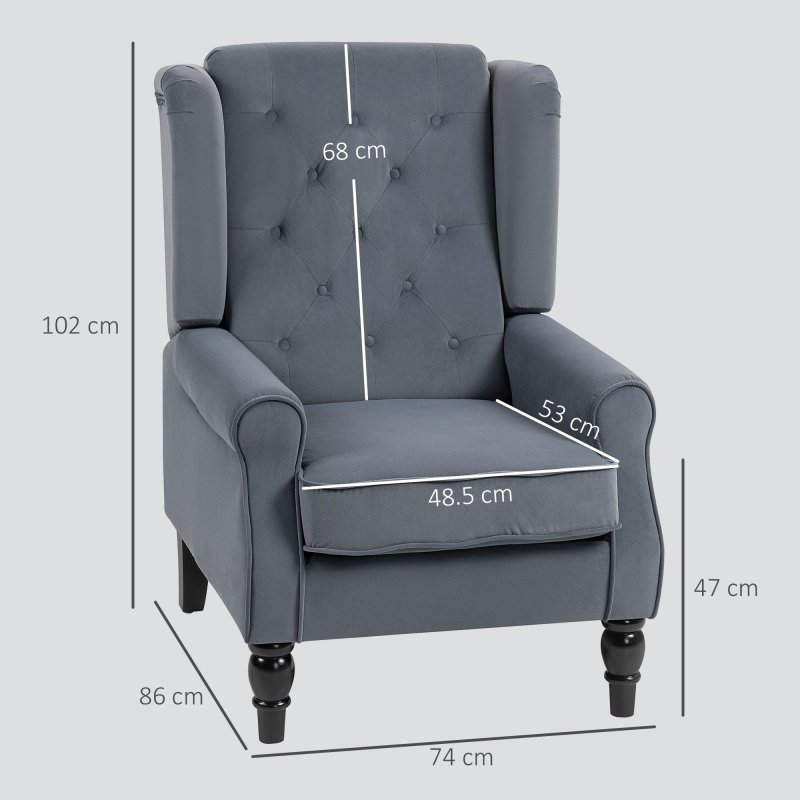 HOMCOM Retro Accent Chair, Velvet Wingback Armchair with Wood Frame Button Tufted Design for Living Room Bedroom, Grey