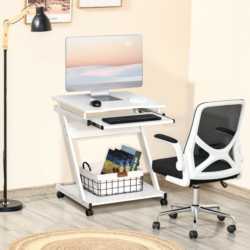 HOMCOM Movable Computer Desk with 4 Moving Wheels Sliding Keyboard Tray Home Office Workstation 