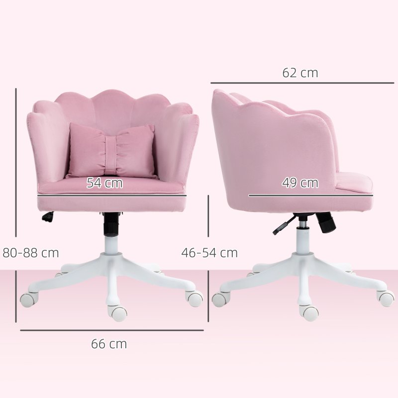HOMCOM Velvet Office Chair with Petal Shell Back and Lumbar Pillow, Armless Desk Chair with Wide Seat and Tilt Function, Height Adjustable Swivel Makeup Vanity Chair for Bedroom, Pink