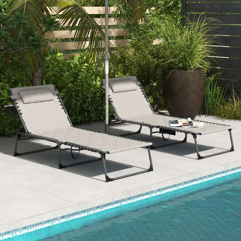 Outsunny 2 Piece Foldable Sun Lounger Set with 5-level Reclining Back, Outdoor Tanning Chairs Sun Loungers with Build-in Padded Seat, Side Pocket, Headrest for Beach, Patio, Khaki