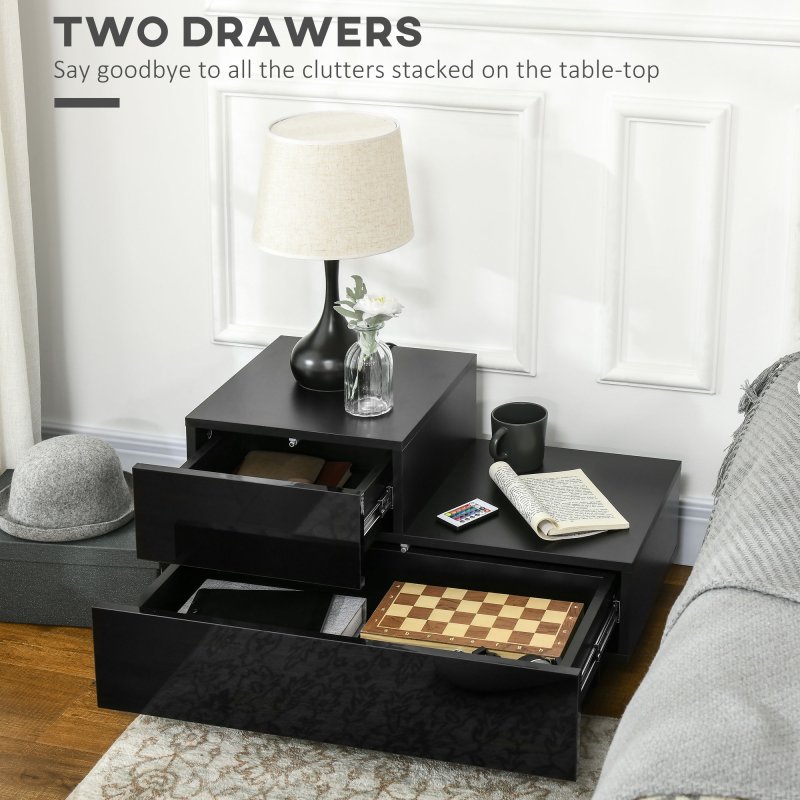 HOMCOM Bedside Table with LED Light, Nightstand with 2 Drawers and High Gloss Front, USB Powered Side Table with Remote for Bedroom, Living Room, Black