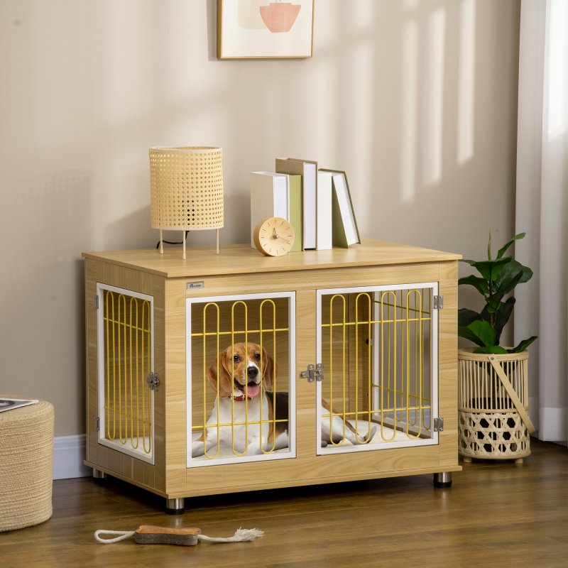 PawHut Dog Crate Furniture, Side End Table, Indoor Dog Kennel with Soft Washable Cushion, Wire Mesh, Large Top, for Medium and Large Dogs, 90 x 58 x 65, Oak Tone