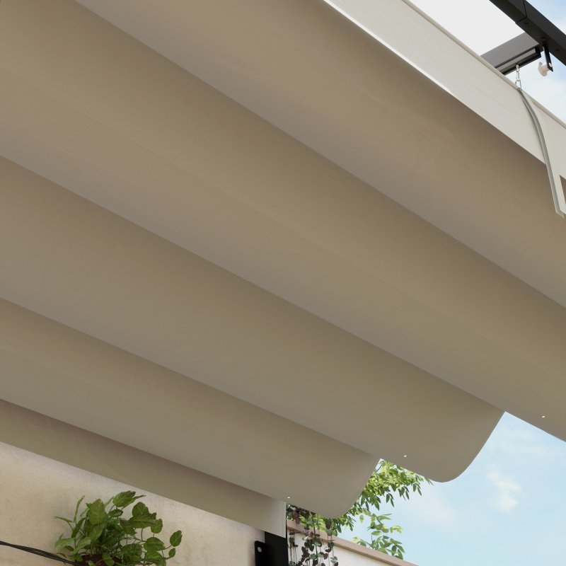 Outsunny 2 x 3(m) Lean To Pergola with Retractable Roof, Wall Mounted Garden Gazebo Outdoor Sun Shade Shelter for Patio, Khaki