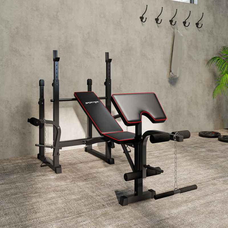 SPORTNOW Weight Bench with Bench Press Rack, Preacher Curl Bench, Leg Curl Machine, Incline or Flat Workout Bench for Home Gym Strength Training Weight Lifting