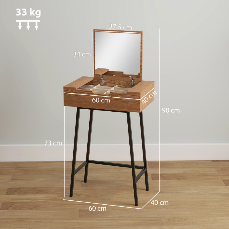 HOMCOM Dressing Table with Flip-Up Mirror, 16 Small Compartments, Industrial Vanity Desk, Makeup Desk with Steel Legs for Bedroom, Natural Wood Effect