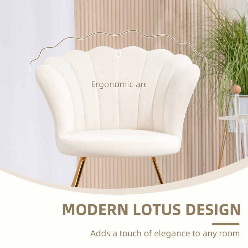 HOMCOM Modern Armchair, Velvet Tufted Accent Chair with Lotus Backrest, Occasional Tub Chair with Steel Legs for Living Room, Bedroom, Cream